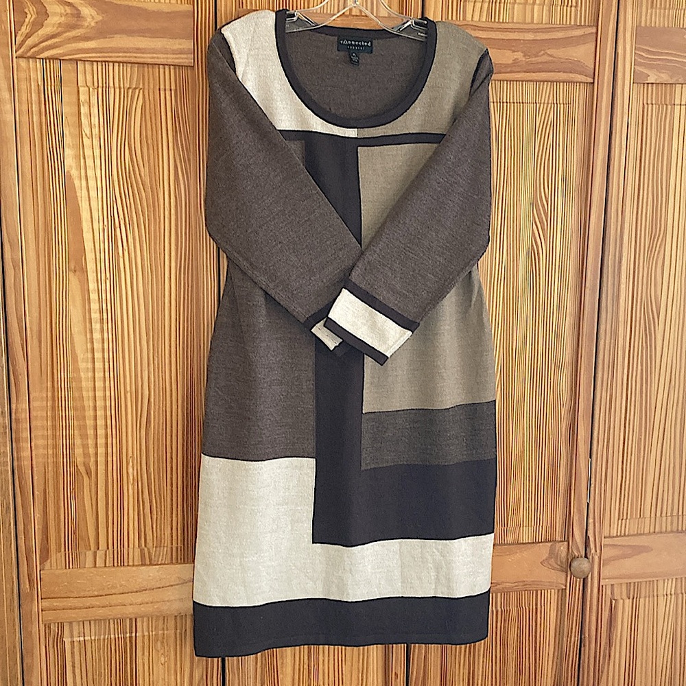 Connected Apparel Geometric Block Sweater Dress Size LP Brown